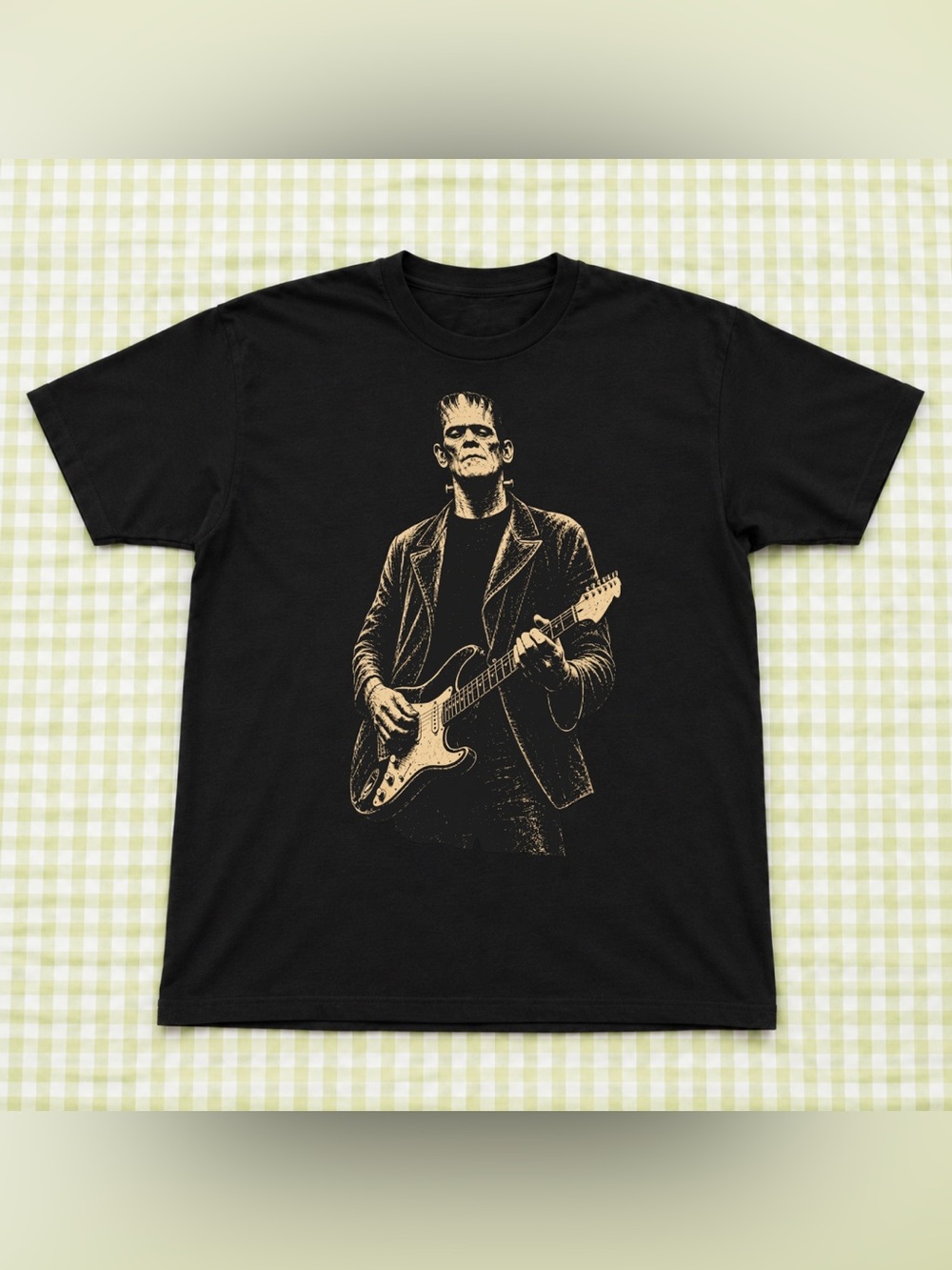 Men's Black Graphic Tee with Beige Frankenstein Guitar Print, Classic Shirt
